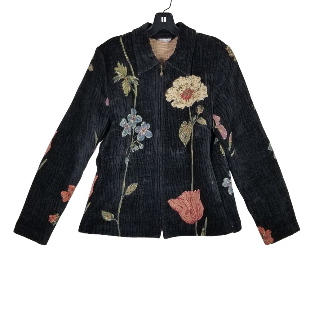 Cabi Tapestry Jacket Womens Medium Black Floral Woven Zip Front Style 871